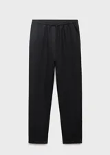 Pantalón negro de lino con cintura elástica y cordón ajustable.