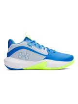 Zapatillas de básquet Under Armour Lockdown 7, unisex, color gris claro con detalles en negro y rojo. Presentan el logo de la marca en el lateral y suela de goma.