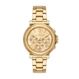 Reloj Michael Kors modelo Maren, color dorado, con caja de acero inoxidable de 40mm, cronógrafo, función de fecha, cristal mineral y pulsera con cierre desplegable.