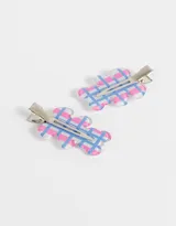 Set de dos hebillas para el pelo con forma de oso y estampado vichy en tonos rosa y celeste.