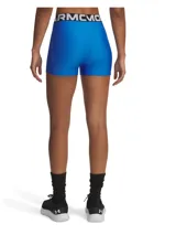 Calza corta de mujer Under Armour, modelo HeatGear Shorty, color azul con logo en la pierna izquierda y cintura elástica con la inscripción Under Armour.