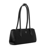 Cartera de hombro negra con doble asa corta y logo triangular metálico plateado de Guess en el frente.