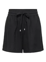 Short negro de lino y viscosa, tiro alto, cintura elastizada con cordón ajustable y calce regular.