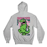 Canguro gris con capucha y bolsillo delantero tipo canguro. Estampado pequeño en el pecho con el personaje Reptar de Rugrats y texto en japonés.