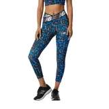 Calza deportiva de mujer con estampado abstracto en azul y negro, diseñada para entrenamiento con tecnología NB DRYx que favorece el secado rápido.