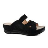 Sandalias negras con plataforma y dos tiras con perforaciones.