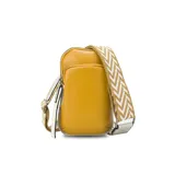 Cartera phone bag negra con bolsillo frontal y correa gruesa de galón regulable y desmontable con diseño de espiga en blanco y negro.