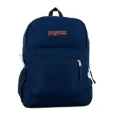 Mochila Jansport Cross Town de 26 litros, color azul marino, con logo de la marca bordado en el frente, bolsillo frontal con cierre, bolsillo lateral de malla y asa de mano en la parte superior.