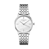 Reloj Rosefield para mujer, modelo The Pearl Edit RMSSS-R02. Caja redonda plateada de acero inoxidable con esfera de nácar blanco y malla de acero plateada. Resistente al agua hasta 30 metros.