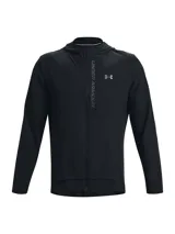 Campera deportiva Under Armour Outrun The Storm, color verde agua, con capucha, cierre frontal completo y logo estampado en amarillo flúor.