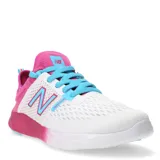 Championes New Balance para running, color blanco con detalles en rosa y celeste.