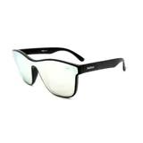Lentes de sol Mistral modelo Nazare con armazón negro y lente única tipo máscara con acabado espejado en tono verde claro. Presentan patillas con el logo de la marca.