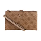 Billetera Guess modelo Laurel Quattro G, color marrón con estampado del logo de la marca. Cuenta con múltiples compartimentos para tarjetas, billetes y monedas, cierre con cremallera y correa de muñeca extraíble.