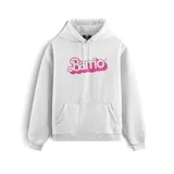 Canguro blanco con capucha y bolsillo delantero, con el logo 'Barrio' estampado en rosa.