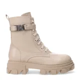 Bota acordonada color beige, con hebilla lateral y cierre en la parte posterior.