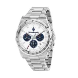 Reloj Maserati para hombre, modelo Velocita R8873652007, con caja de acero inoxidable plateada de 43mm, esfera blanca con detalles en azul y brazalete de acero inoxidable plateado. Cuenta con movimiento de cuarzo Miyota JS25, cronógrafo, subesferas, fecha, taquímetro y cristal mineral reforzado. Resistente al agua hasta 100 metros.