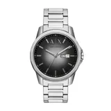 Reloj Armani Exchange con correa de acero inoxidable plateada y esfera gris degradé. Incluye indicador de fecha y día de la semana.