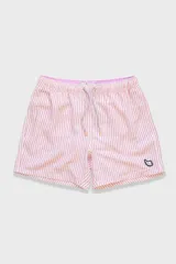 Short de baño para hombre con estampa de rayas finas pinstripe, confeccionado en tejido liviano, elástico y de secado rápido. Presenta cintura elástica con cordón regulable, bolsillos laterales y bolsillo trasero con cierre.