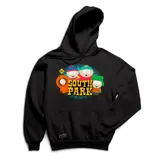 Canguro negro con capucha y bolsillo frontal, con estampado de los personajes de South Park y el logo de la serie.