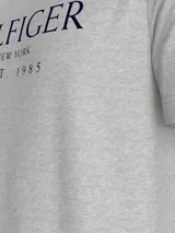 Remera gris de algodón con cuello redondo y logo Tommy Hilfiger estampado en azul marino en el pecho.