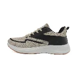 Zapatillas deportivas acordonadas color beige con detalles en negro y suela blanca.