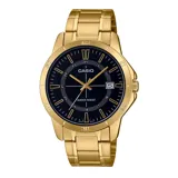 Reloj Casio MTPV004G-1CUDF para hombre, con caja y correa de acero color dorado, esfera negra de 42mm, y calendario.