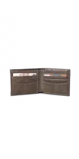 Billetera marrón de cuero con bolsillo al frente, tarjetero extraíble con elástico, doble compartimento para billetes, tarjeteros y bolsillos.