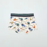 Pack de tres boxers con cintura elástica en color azul marino y verde. Uno de los boxers es de color verde liso, otro es de color beige con estampado de dinosaurios pequeños y el tercero es de color beige con estampado de dinosaurios grandes.