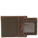 Billetera marrón de cuero y canvas engrasado, con ocho ranuras para tarjetas, tarjetero extraíble con dos bolsillos y ventana, forro interior de poliéster reciclado y tecnología RFID.