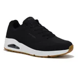 Zapatillas Skechers Street Street Uno, color negro con detalles perforados, cordones, plantilla Air Cooled Memory Foam, media suela con cámara de aire visible Skech-Air y suela de goma flexible.