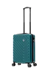 Valija rígida color verde con diseño de líneas en relieve, carro reforzado, cierre expansible, ruedas dobles spinner 360 desmontable, sujeción y compartimiento interno. Candado incorporado.