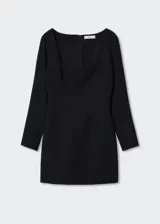 Vestido corto negro de poliéster con escote cuadrado y mangas largas.