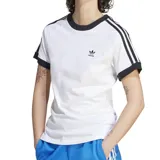 Remera blanca de corte ajustado con cuello redondo y mangas cortas con ribete negro. Presenta las tres bandas características de Adidas en color negro sobre los hombros y el logo de la marca bordado en el pecho.