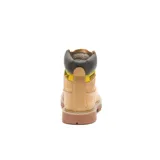 Botín unisex CAT modelo Colorado 2.0, color tostado, con capellada de cuero nobuck, forro interno de nylon en malla, suela de goma duradera y de gran tracción. Cuenta con cordones amarillos y logo de la marca en el lateral.