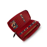 Bandolera roja para celular con bolsillo frontal, correa regulable y desmontable. Interior con bolsillos para documentos, reparticiones para tarjetas y división para billetes.