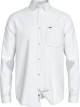 Camisa de corte regular en mezcla de algodón y lino, con cierre de botones, bolsillo de parche y logo distintivo de Tommy Jeans.