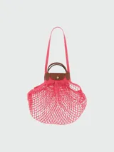 Bolso Longchamp Le Pliage Filet, tamaño L, color fucsia, con asas de cuero marrón.