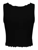 Musculosa negra de tejido acanalado con cuello redondo y volados en el ruedo.