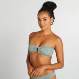 Top de bikini bandeau con estampado geométrico en tonos azul, verde y blanco.