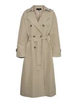 Trench coat largo color beige con doble botonadura, cinturón ajustable y bolsillos laterales.