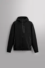 Sudadera con capucha regular fit confeccionada en tejido técnico compacto de algodón con elasticidad. Cuello subido, manga larga con bolsillo, bolsillos frontales con acabado termofijado y cierre de cremallera. Acabados con rib del mismo tejido. Cierre frontal con cremallera. Zara Athleticz.