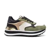 Championes urbanos Korium Judith con plataforma, combinados en verde oliva, blanco, beige, negro y detalles dorados.