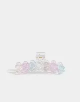 Broche alargado para el pelo con apliques de corazones transparentes en tonos celeste, lila y rosa.