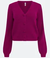 Cardigan blanco de punto con hilo mezclado, escote en V, abotonado frontal con botones forrados y mangas largas.