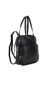 Mochila color marrón con doble asa de mano y correas traseras regulables. Presenta un bolsillo frontal con cierre y compartimento interno para iPad.