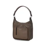 Bandolera morral color marrón, con asa de hombro y correa regulable. Cuenta con un bolsillo frontal con cierre y otro bolsillo trasero con cierre.