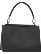 Cartera Tommy Hilfiger tipo tote color negro con textura granulada, doble asa corta, correa larga extraíble y ajustable, cierre magnético y logo metálico dorado en el frente.