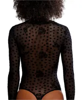 Body de mesh semitransparente negro con detalles florales, escote Queen Anne con encaje y busto forrado en mesh.