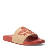 Sandalias tipo chinelas de goma color naranja, con base marrón y tira ancha con estampado de texto "Tropic Sun" y dibujo de sol y palmera.