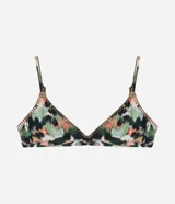 Top de bikini triangular con estampado tie dye en tonos verde, negro y rosa. Tiene base fija, breteles finos ajustables, almohadillas removibles, lazo en la espalda y detalle de costuras contrastantes.